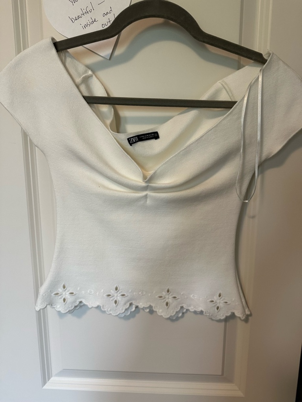 Zara Cream Draped Neck Lace-Hem Crop Top